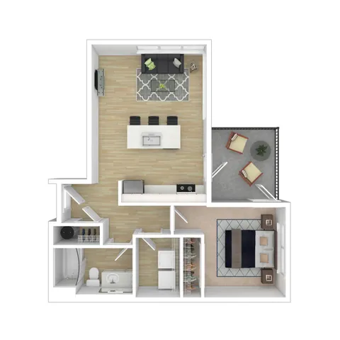 Chic 3D floor plan showcasing a modern open-concept living and dining area, sleek kitchen with island seating, cozy bedroom, stylish bathroom, and a private balcony for relaxation.