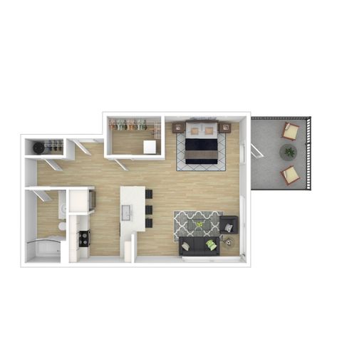 Modern open-concept floor plan featuring one bedroom, spacious living area, stylish kitchen with island, and cozy balcony.