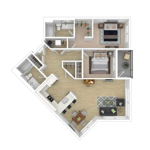 Modern 2D floor plan showcasing 2 bedrooms, open kitchen, and stylish living room with wood flooring.
