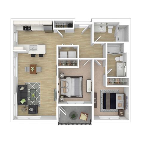 Modern 2-bedroom apartment floor plan with open-concept living area, sleek kitchen, and two bathrooms. Includes a cozy balcony and ample storage space.