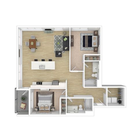 Modern 3D floor plan featuring two spacious bedrooms, an open-concept living and dining area, and a sleek kitchen with island seating.