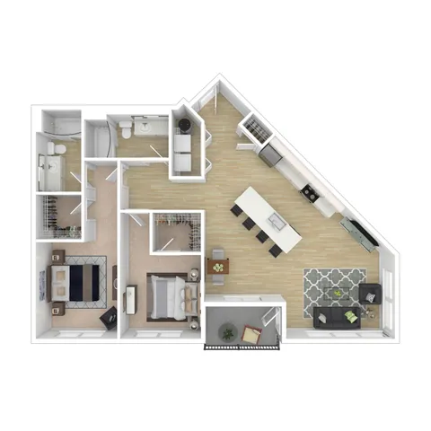 Modern apartment floor plan displaying 2 bedrooms, stylish kitchen, elegant living room, and spacious balcony.