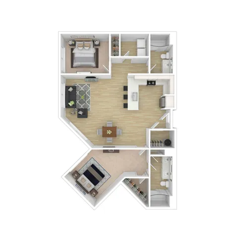 Modern 3D floor plan showcasing a spacious two-bedroom apartment with an open-concept living area, stylish kitchen, and two elegant bathrooms.