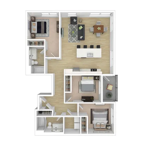 Contemporary 3D floor plan showcasing 2 spacious bedrooms, a sleek open-concept kitchen, elegant dining area, and cozy living room, with modern amenities and abundant natural light.