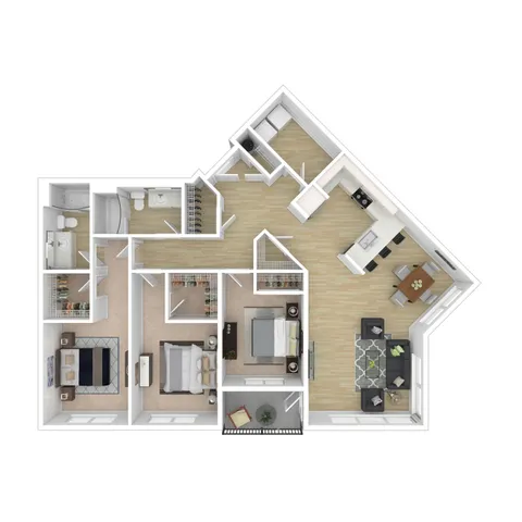 Contemporary 3D floor plan showcasing 3 elegant bedrooms, modern open living and dining area, and stylish kitchen with ample storage.