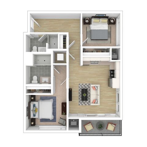Modern apartment floor plan with 2 bedrooms, stylish open living area, sleek kitchen, and two bathrooms, featuring a cozy balcony.