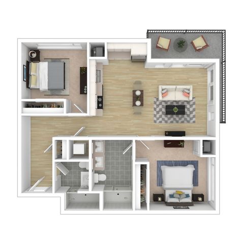Modern 2D floor plan featuring two spacious bedrooms, an open living and dining area, fully equipped kitchen, and private balcony.