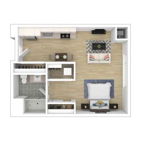 Contemporary 1-bedroom apartment floor plan featuring an open-concept living and dining area, modern kitchen, and sleek bathroom.