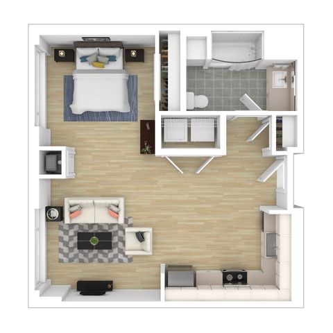 Chic studio apartment floor plan with a cozy bedroom nook, modern kitchen, stylish living area, and sleek bathroom.