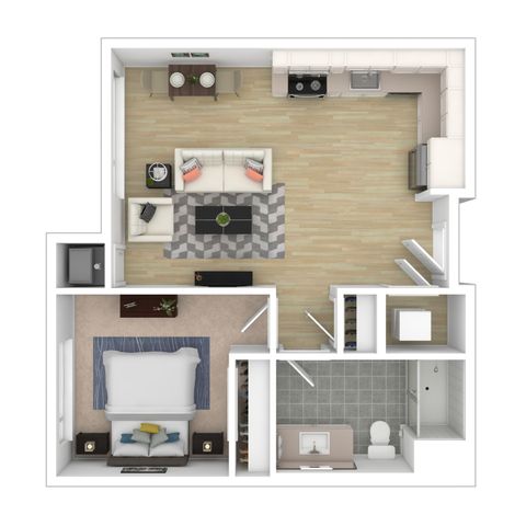Sleek 1-bedroom apartment floor plan with an open living area, modern kitchen, and elegant bathroom.