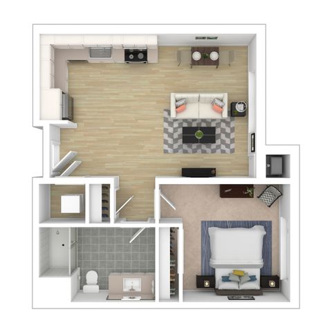 Modern 1-bedroom apartment floor plan with open-concept living room and kitchen, cozy dining area, spacious bathroom, and ample storage.