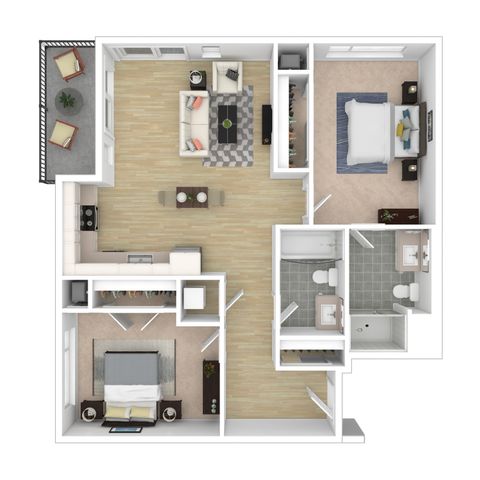 Chic apartment floor plan displaying 2 bedrooms, elegant living space, modern kitchen, and private balcony for outdoor relaxation.
