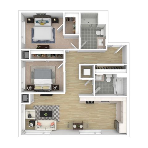 Modern 3D floor plan with 2 cozy bedrooms, open living area, elegant kitchen, and stylish bathrooms; optimized for contemporary living.