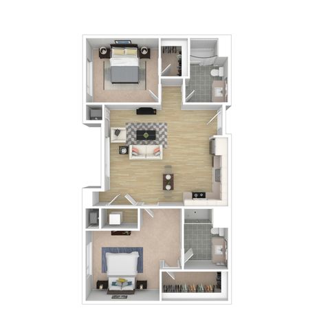 Modern 2D floor plan showcasing 2 bedrooms, elegant living room, gourmet kitchen, and contemporary bathrooms. Ideal for stylish living.