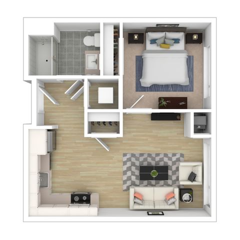 Chic 1-bedroom apartment floor plan showcasing a modern open-concept living area, stylish kitchen, and elegant bathroom.