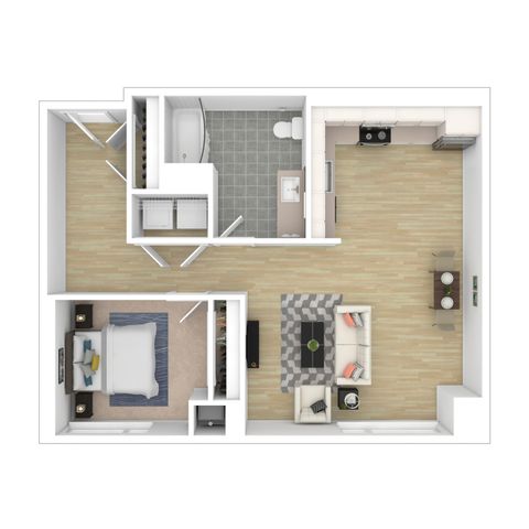 Chic open-concept floor plan with a cozy bedroom, spacious kitchen, and inviting living room featuring modern decor.