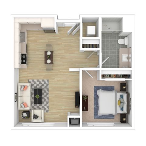 Modern 1-bedroom apartment floor plan featuring an open-concept kitchen and living area, a spacious bedroom with a walk-in closet, and a stylish bathroom.