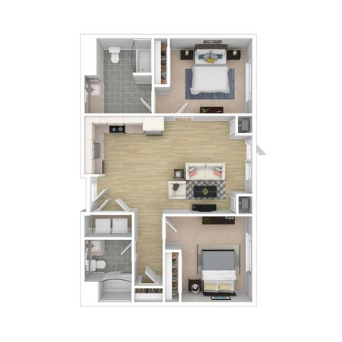Elegant 2D floor plan featuring 2 cozy bedrooms, an open-concept living room, and a fully equipped kitchen.