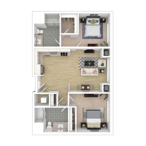 Modern 2D floor plan showcasing two spacious bedrooms, an open kitchen with adjacent dining area, a cozy living room, and two elegant bathrooms.