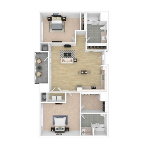Modern 3D floor plan featuring two spacious bedrooms, an elegant open-concept living and dining area, stylish kitchen, and two sleek bathrooms with a cozy balcony.