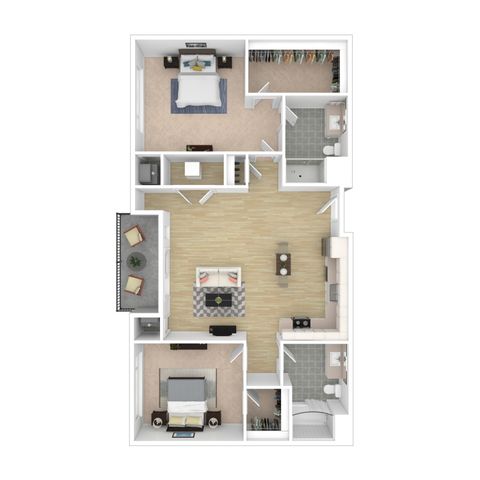 Modern apartment floor plan featuring two spacious bedrooms, open-concept living and dining area, efficient kitchen layout, two stylish bathrooms, and a cozy balcony.