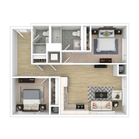 Modern apartment floor plan featuring 2 bedrooms, 2 bathrooms, and an inviting open living space with adjacent kitchen.