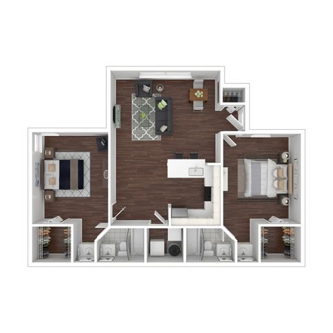 Modern 3D floor plan showcasing 2 bedrooms, elegant living area, sleek kitchen, and dual bathrooms with stylish hardwood flooring.