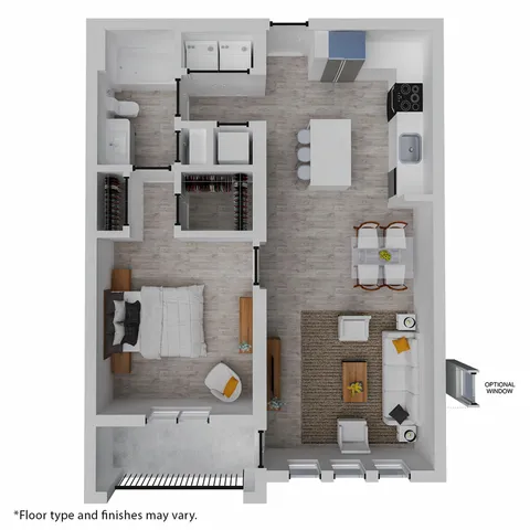Modern one-bedroom floor plan featuring an open-concept living area, sleek kitchen with island, cozy dining space, and spacious bedroom with ample storage.