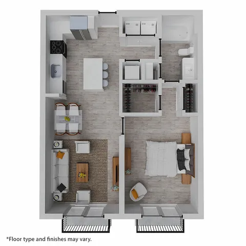Modern 3D floor plan showcasing a chic 1-bedroom apartment with open-concept kitchen, spacious living area, and luxurious bathroom.
