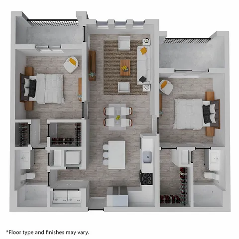 Chic 3D floor plan showcasing 2 bedrooms, open-concept living and dining area, modern kitchen, and two private balconies.