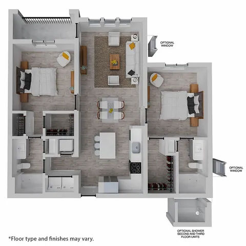 Modern 3D apartment floor plan showcasing 2 cozy bedrooms, an inviting open-plan living and dining area, and a sleek kitchen with contemporary finishes.