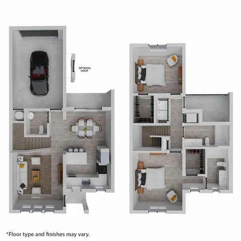 Contemporary two-story floor plan showcasing a spacious living area, modern kitchen, dining room, and an attached garage on the ground level; upstairs features two cozy bedrooms, an elegant master suite, and a sleek bathroom.