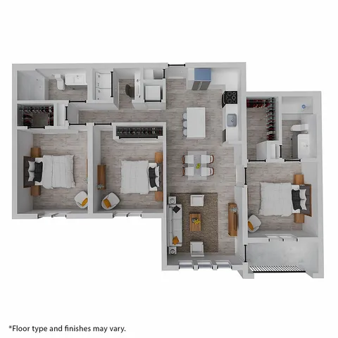 Modern 3D floor plan showcasing a spacious apartment with three bedrooms, a cozy living room, and an open kitchen design.