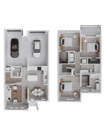 Elegant two-story floor plan featuring three spacious bedrooms, a modern open-concept kitchen, cozy living area, and a convenient double garage.
