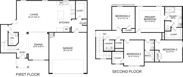 Spacious duplex floor plan featuring five bedrooms, three bathrooms, kitchen, dining area, and garage.