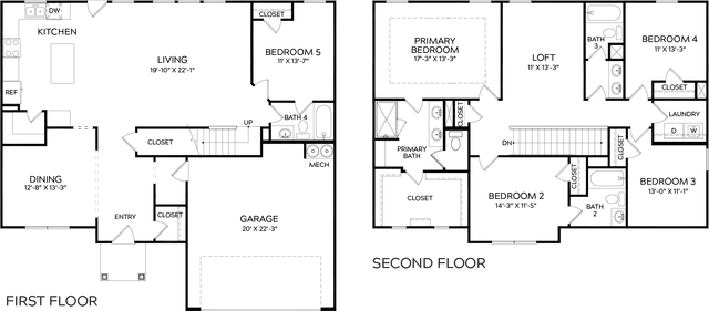 Elegant duplex floor plan with four bedrooms, spacious living and dining areas, and garage.