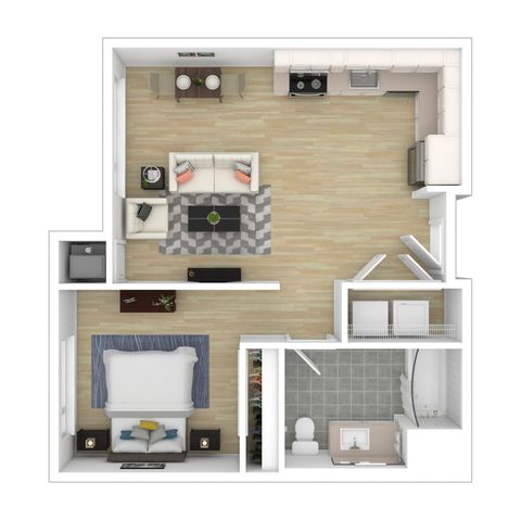 Contemporary floor plan featuring one bedroom, open-concept living and dining area, modern kitchen, and spacious bathroom.