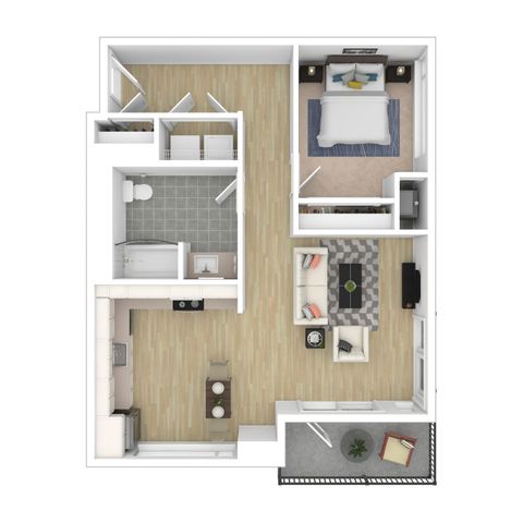Modern 1-bedroom apartment floor plan with spacious living area, open kitchen, and inviting balcony.