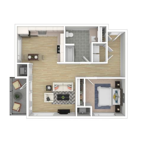 Chic apartment floor plan featuring 1 cozy bedroom, modern open-plan kitchen, inviting living room, spacious bathroom, and a charming balcony.