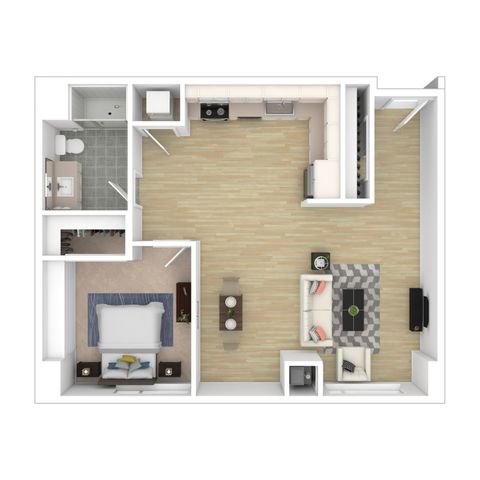 Modern one-bedroom apartment floor plan with a spacious open-concept living area, sleek kitchen, and cozy bedroom. Features a stylish bathroom and a well-organized layout perfect for urban living.