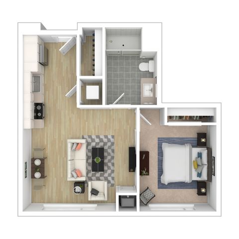 Modern floor plan showcasing a spacious one-bedroom apartment with an open-concept living and dining area, sleek kitchen, and well-appointed bathroom.