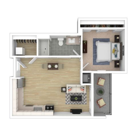 Sophisticated floor plan showcasing a spacious 1-bedroom layout with an open-concept living and dining area, modern kitchen, stylish bathroom, and a private balcony.