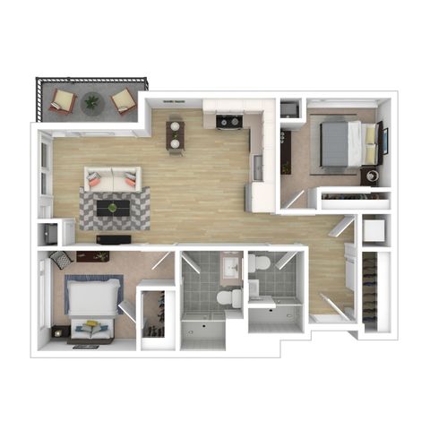 Modern floor plan showcasing 2 spacious bedrooms, open kitchen with island, cozy living room, and a private balcony.
