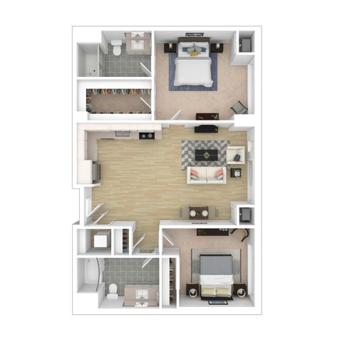 Chic apartment floor plan showcasing 2 spacious bedrooms, modern kitchen, elegant open living area, and 2 sleek bathrooms.