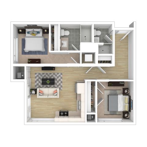 Modern floor plan featuring 2 elegant bedrooms, a cozy living area, and a sleek kitchen with ample space.