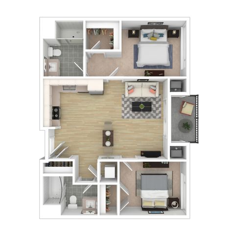 Modern 3D floor plan showcasing 2 bedrooms, a bright open-concept living area, spacious kitchen, and private balcony.
