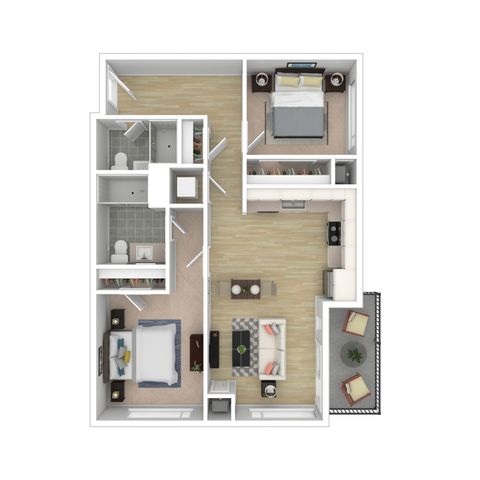 Modern floor plan highlighting 2 spacious bedrooms, stylish open kitchen, cozy living area, and charming balcony.