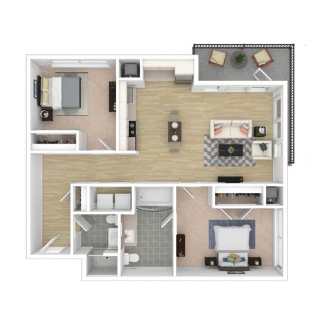 Modern apartment floor plan showcasing 2 bedrooms, open living and dining area, stylish kitchen, and balcony space.