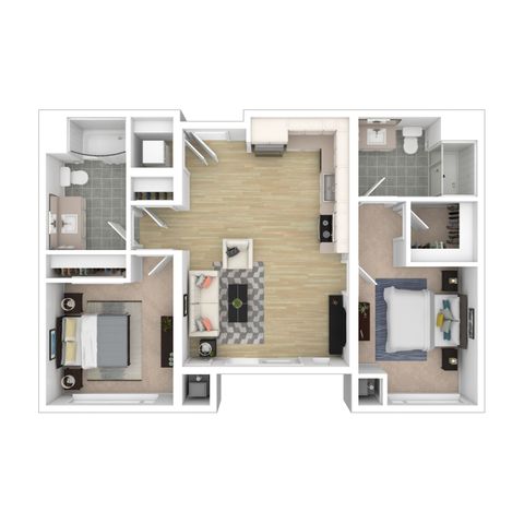 Modern floor plan showcasing 2 bedrooms, an inviting open-concept living area, and a well-equipped kitchen. Featuring two sleek bathrooms and ample closet space, this layout offers comfort and style.