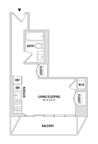 Modern studio floor plan with open concept living/sleeping area, kitchen, spacious balcony, and full bath. Includes convenient washer/dryer and ample closet space.